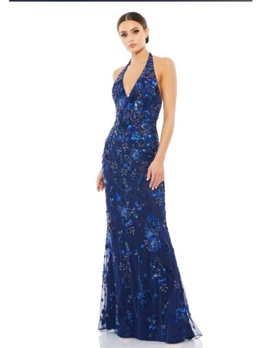 NWT Mac Duggal Blue Beaded Long Spaghetti Stap Vneck Dress Size 10 5484 $498
